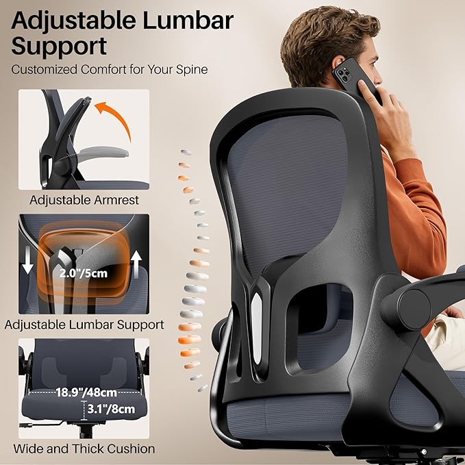 Office Chair Ergonomic Desk Chair, Adjustable Lumbar Support Rolling Swivel Comfy Chair with Space-Saving Flip Up Armrests, Mesh Gaming Chair for Business Work Office & Home, Dark Gray 2pcs