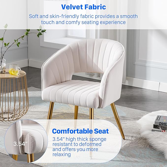 Home Office Chair Velvet Desk Chair Accent Armchair Upholstered Modern Tufted Chairs with Gold Legs for Girls Women Ergonomic Study Seat Computer Task Stools for Living Room(Cream)