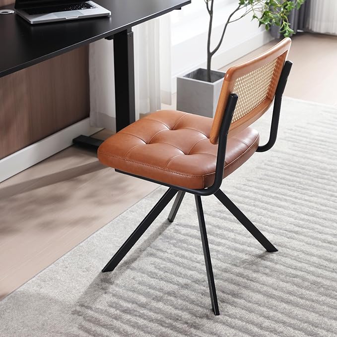 Zesthouse Rattan Desk Chair No Wheels, Mid Century Modern Home Office Chair with Cane Mesh & Wooden Back, Vintage Faux Leather Swivel Accent Chair, Upholstered Armless Computer Task Chair,Brown