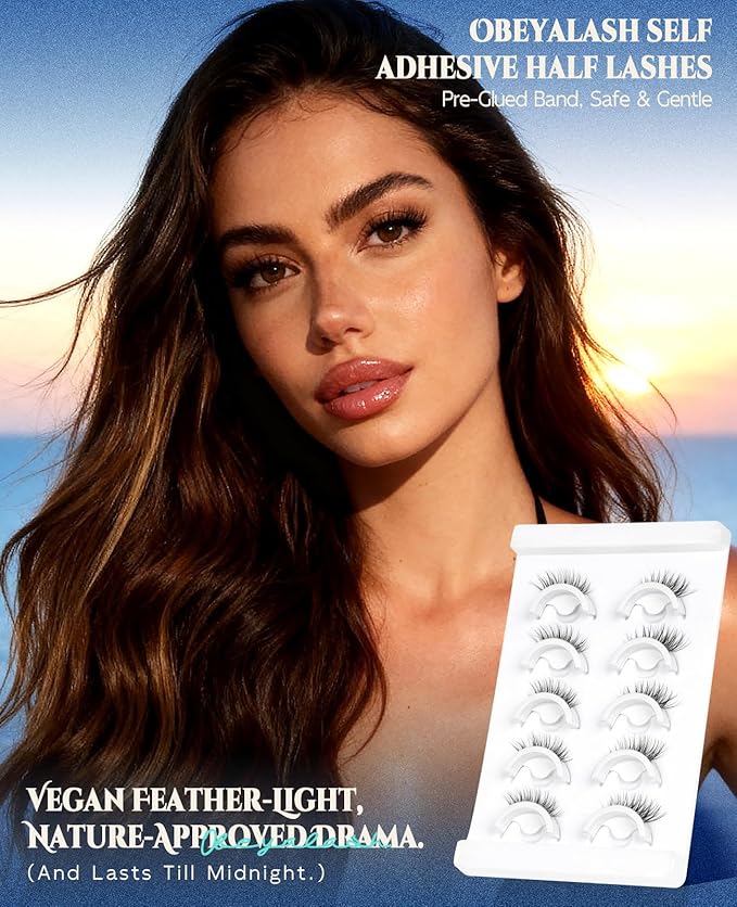 Obeyalash Waterproof Self Adhesive Eyelashes,Half Eyelashes 6-14mm, 5 Pairs Natural Look Stick on False Eyelashes, No Glue Needed, Wispy Glueless Lashes Reusable and Comfortable (M874)