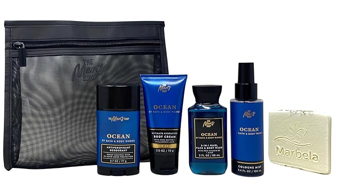 Bath & Body Works Men's Collection Ocean Gift Set - Body Cream - 3-in-1 Hair, Face & Body Wash - Cologne Mist and Antiperspirant Deodorant - Travel Size - with a Natural Oats Sample Soap