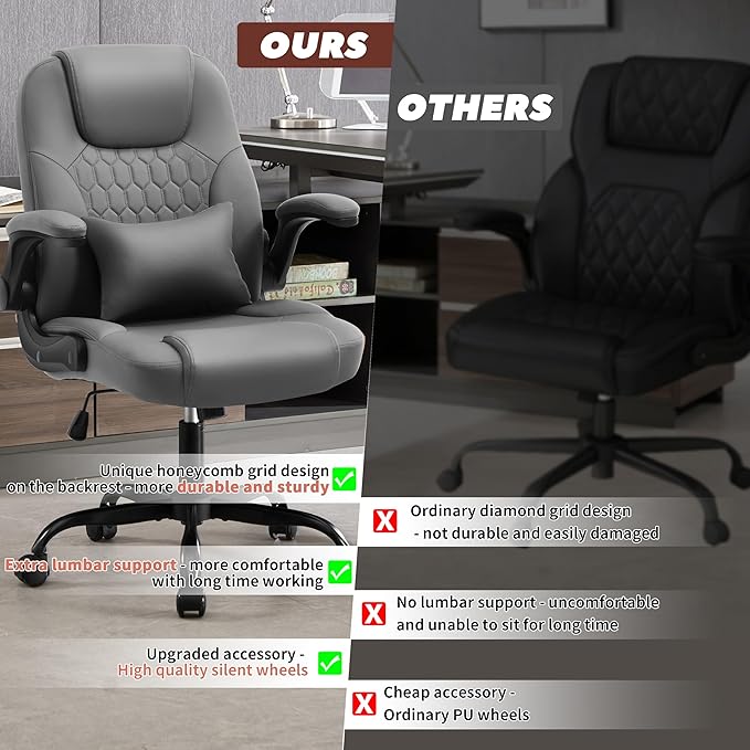 Executive Office Chair PU,Leather Office Chair with Wheels,360° Swivel Rolling Chair with Padded Arms,Ergonomic Computer Chair with Lumbar Support for Short People Use (Grey)