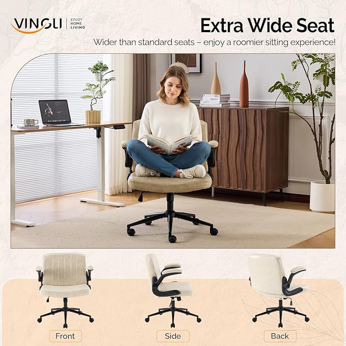 VINGLI Criss Cross Chair with Adjustable Flip-Up Arms,Cross Legged Chair with Wheels, Extra Wide Office Chair,Comfortable Desk Chair for Home Office, Vanity, Bedroom, PU Leather,Ivory White