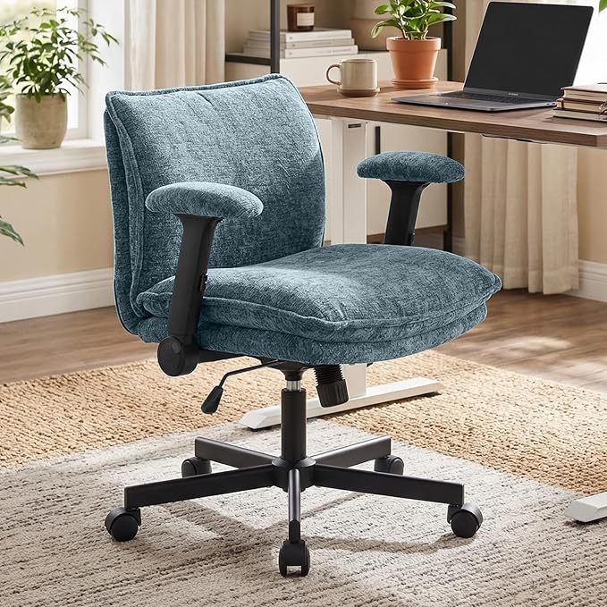 Cross Legged Office Chair, Height Adjustable Swivel Desk Chair with Flip-Up Arms, Padded Criss Cross Chair for Home Office & Bedroom