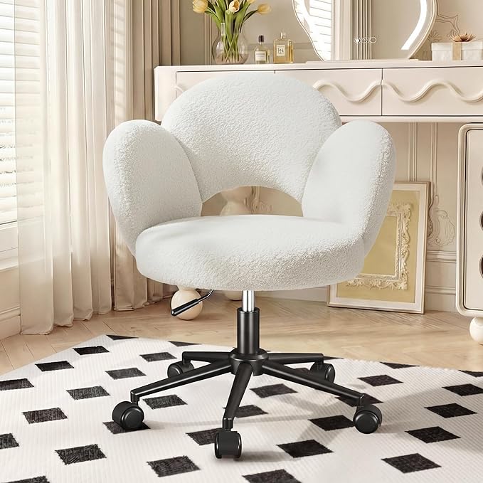 Flower Vanity Chair, Cute Petal Desk Chair with Wheels, Height Adjustable & Armless Swivel Makeup Task Chair for Relaxation, Study, White