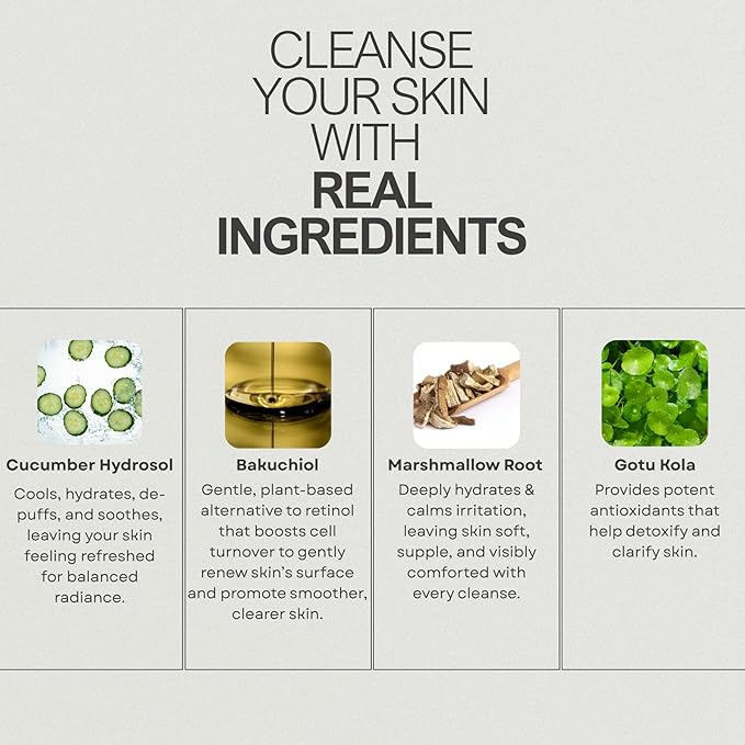 Finally All Natural Dual Action Face Wash & Toner, Cucumber Kaolin Clay, Natural Cleanser with Bakuchiol, 5 FL OZ, for All Skin Types. Face Wash for Women & Men