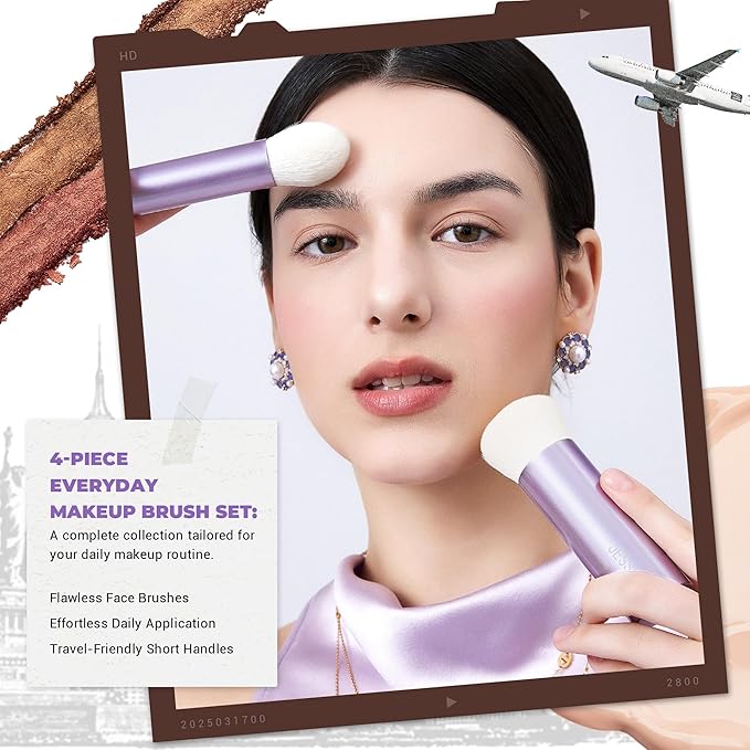 Jessup 4pcs Essential Face Brush Set, Kabuki Brushes for Foundation Contour Blush & Highlighter, Ultra-Soft Synthetic Fiber, Cruelty-Free, Perfect for Clean Girl Look, Luxury Purple T517