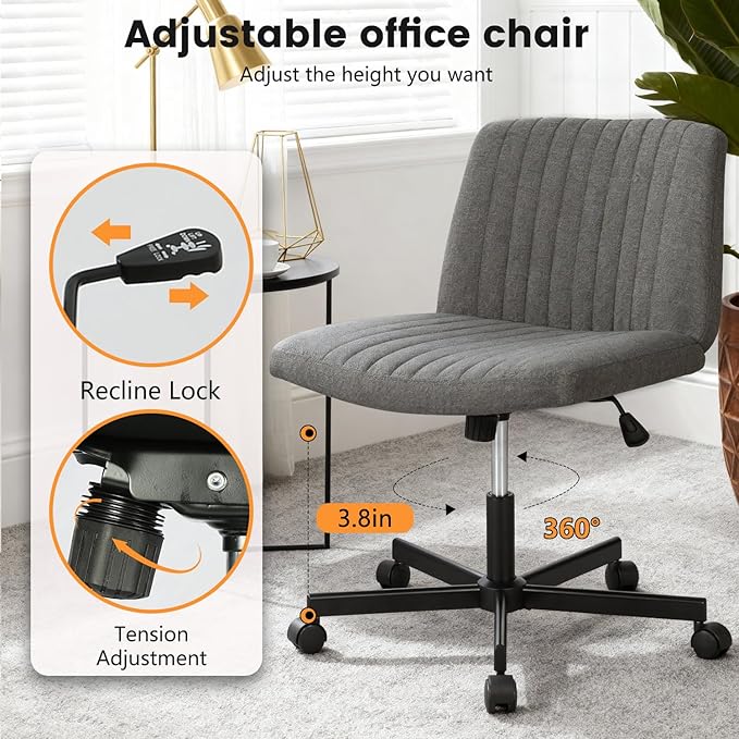 FDW Criss Cross Chair with Wheels Cross Legged Office Desk Modern Swivel Height Adjustable Wide Seat Computer Task Vanity Chair Comfy Fabric Armless Seating for Home Office