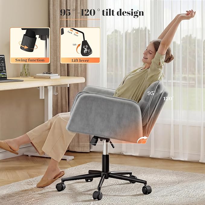 Criss Cross Chair with Wheels, Ergonomic Office Chair with Adjustable Armrests, Vanity Chair with Back for Bedroom, Makeup Room and Office Room, Gray
