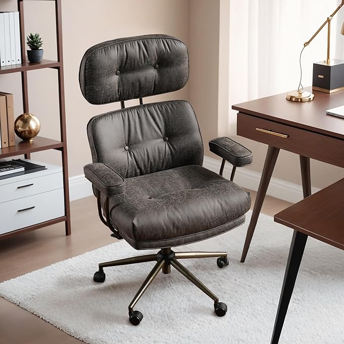 HOOOWOOO Ergonomic Mid Century Modern Office Chair, Comfy Executive Chair with Extra Wide Tufted Cloudy Seat, Lumbar Support, High Reclining Back, Suede Leather Grey
