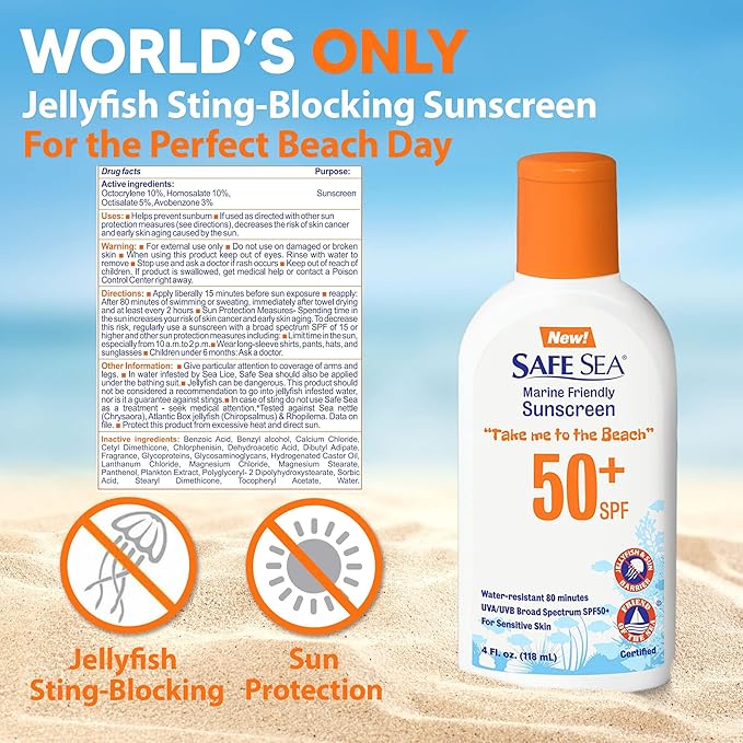 Safe Sea Jellyfish Sting-Blocking Sunscreen, SPF 50+ Lotion 4oz, Waterproof, Biodegradable, Coral Reef-Safe – Body and Face Sunscreen, Anti-Jellyfish and Sea-Lice sting protection. 4 Fl Oz (Pack of 2)