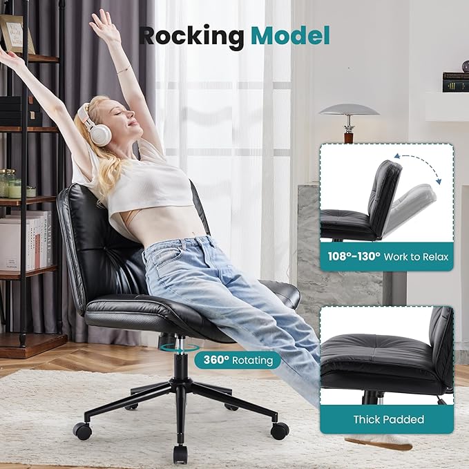 OLIXIS Criss Cross Chair with Wheels Armless Wide Cross Legged Vanity Office Desk Chair with Comfy PU Leather& Back - Swivel for Home Office Bedroom, Black
