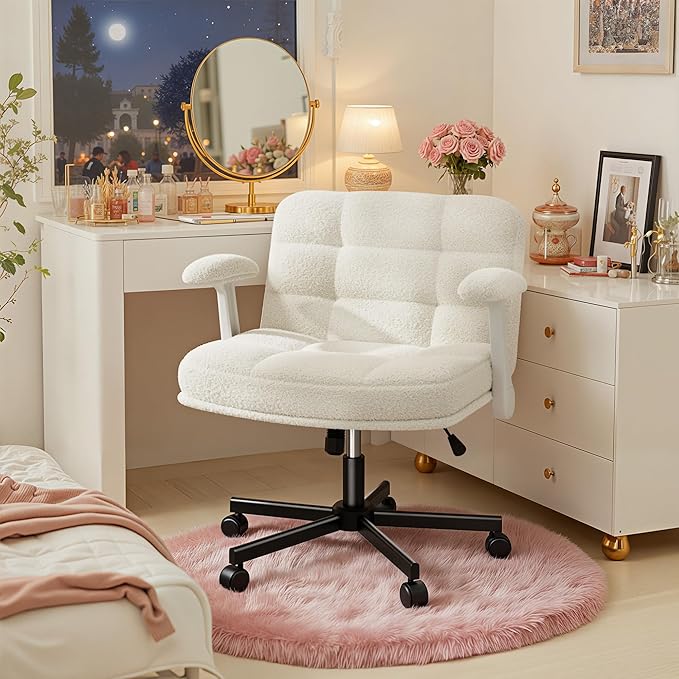 Criss Cross Chair with Wheels, Office Chair with Flip-up Armrests, Vanity Chair for Bedroom, Home Office, Apartment, Plush Fabric, White
