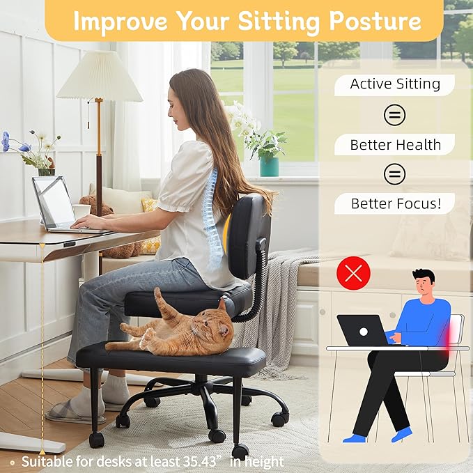 Criss Cross Legged Office Chair with Wheels,Swivel Meditation Chair for ADHD,Ergonomic Cross Legged Desk Chair with Thicken Adjustable Footstool,PU Sitting Fidgeting Kneeling Chair for Home Yoga Black