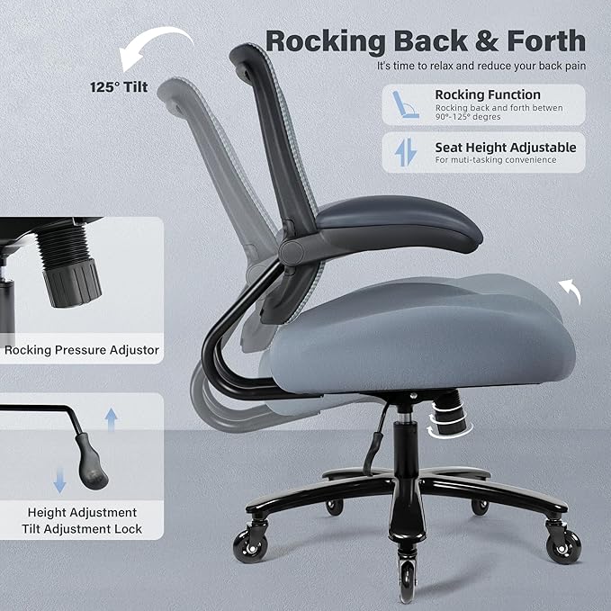 500LBS Big and Tall Office Chair with Flip-Up Armrests, Heavy Duty Office Chair for Heavy People, Memory Foam Seat Filling Springs, Grey