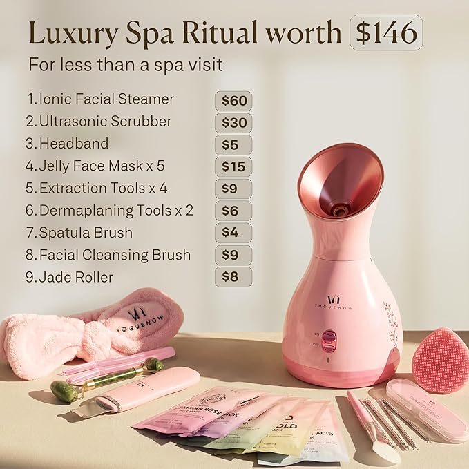 Facial Steamer Spa Kit with Complimentary 17 Skin Care Tools | Face Steamer for Facial Deep Cleaning with Towel Warmer & Humidifier Mode| Self Care Gifts for Women, Spa Gifts, Birthday Gifts for Women