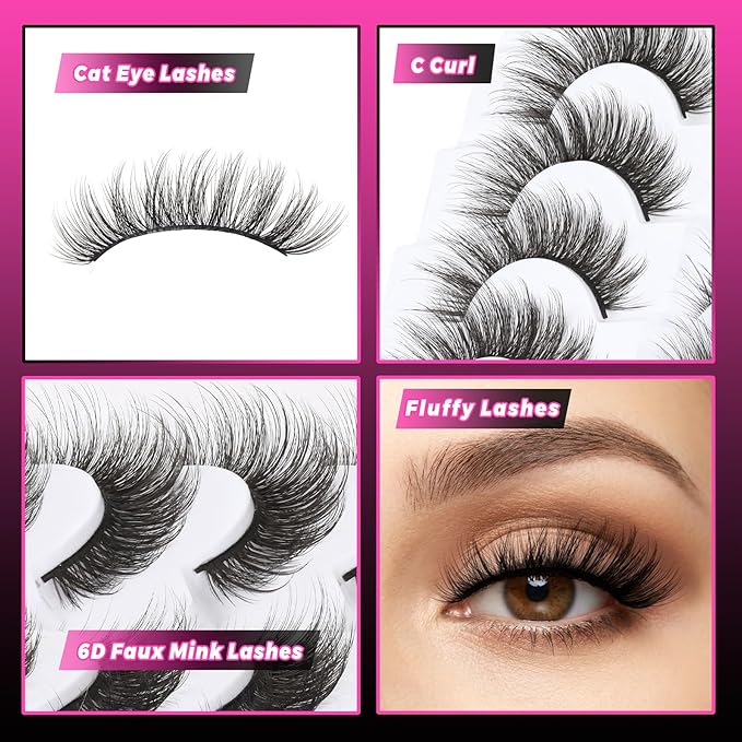Veleasha Cat Eye Lashes 6D Faux Mink False Eyelashes Fluffy Wispy Strip Lashes Soft 100% Handmade Crisscross Fake Eyelashes Fox Eye Lash 7 Pairs Pack (Fluffy02)