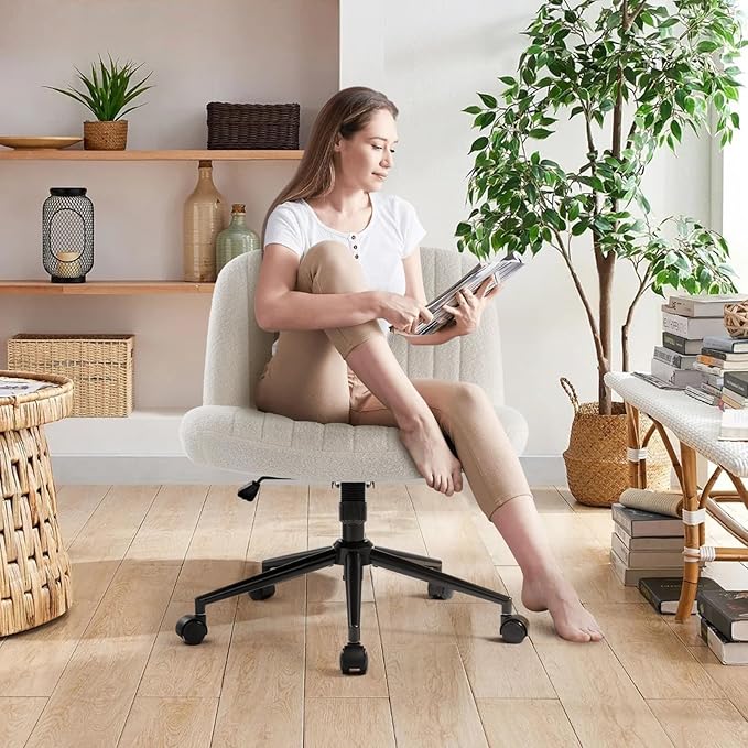 IWMH Criss Cross Chair Cross Legged Office Chair with Wheels Armless Wide Seat Desk Chairs Height Adjustable Computer Task Chairs Swivel Vanity Chair for Home Office Bedroom Make Up Teddy Fabric White
