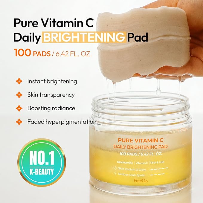 FreeGo Pure Vitamin C Daily Brightening Pad (100 Pads), K-Beauty Korean Skincare Facial Toner Pads for Uneven Hyperpigmented Skin, Instant Brightening & Transparency, Korean Skin Care for Dark Spots