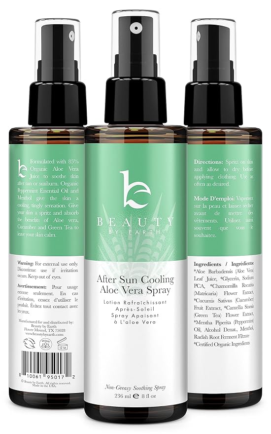 Beauty by Earth After Sun Cooling Aloe Vera Spray - USA Made With Organic Aloe Vera, Fast Absorbing After Sun Care for Sunburn Relief, Skin Cooling Spray, Sunburn Treatment Spray Lotion for Body