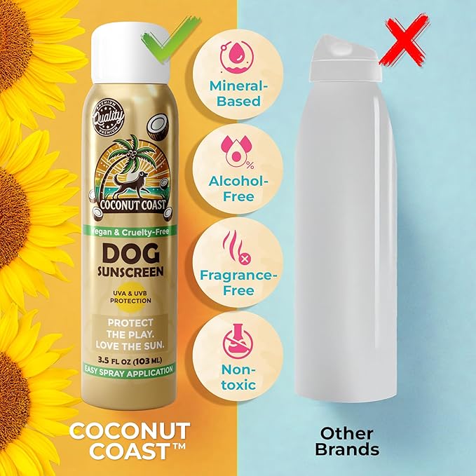 Coconut Coast Dog Sunscreen-SPF 30+ With Skin Moisturizing Vitamin E and Aloe Vera- No Zinc Oxide Safe for All Dogs- Dog Beach Accessories, Dog Camping Gear, Sunscreen for White Dogs
