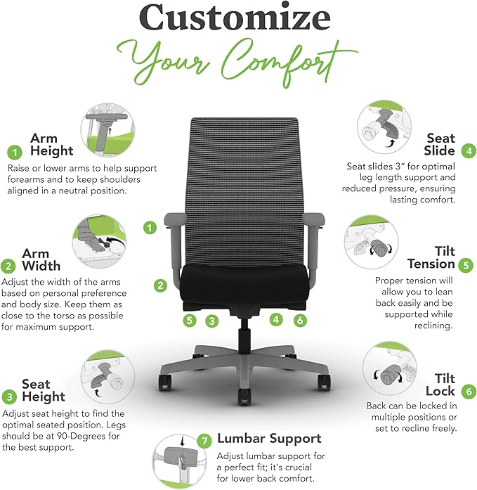 HON Ignition 2.0 Mid Back Task Chair, Advanced Synchro-Tilt Control, Office Chair with Lumbar Support, Height and Width Adjustable Arms, Titanium Frame, Black