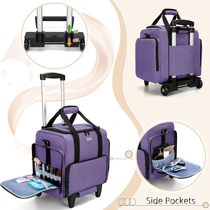 BAFASO Rolling Makeup Case with 3 Removable Pouches and 1 Makeup Brush Bag, Professional Makeup Train Case Cosmetic Bag with Detachable Dolly (Patented), Purple