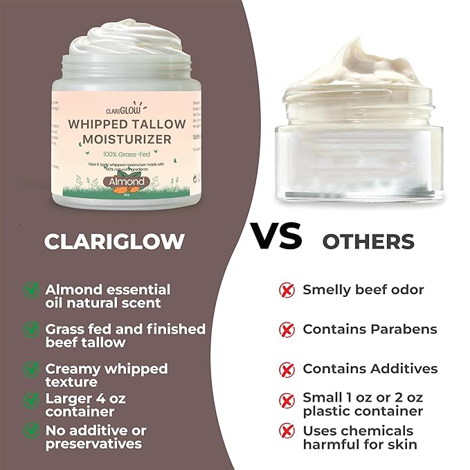 Whipped Beef Tallow Face Moisturizer | 100% Grass Fed Beef Tallow Skin Face Balm Cream | Lotion Balm Body Moisturizer with Honey & Almond | 4 oz | Natural Skin Care