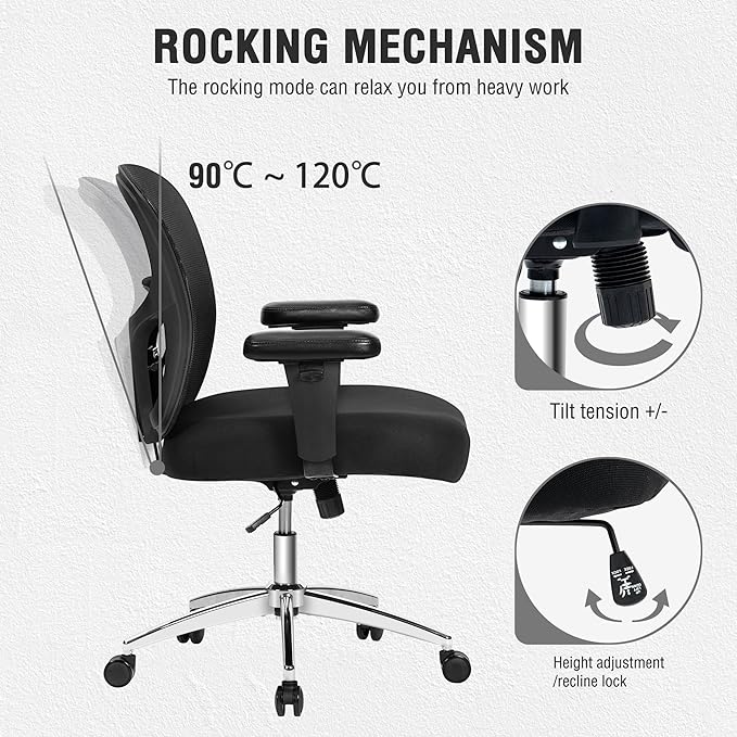 Bigroof Big and Tall Office Chair 600lbs, Heavy Duty Ergonomic Mesh Chair, Computer Executive Desk Chair with Wide Thick Seat, Adjustable Armrests, Lumbar Support (Black, 600LBS)