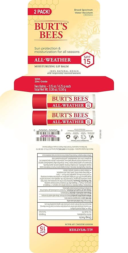 Burt's Bees All Weather SPF 15 Lip Balm, Water-Resistant Lip Moisturizer, Tint-Free, Natural Conditioning Treatment, 2 Tubes, 0.15 oz.
