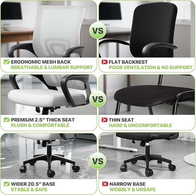 Magshion Ergonomic Office Chair Pack of 2, Mid-Back Mesh Desk Chair, Adjustable Swivel Computer Chair with Lumbar Support & Breathable Backrest for Gaming, Work, Study, 300 Lbs Capacity, White