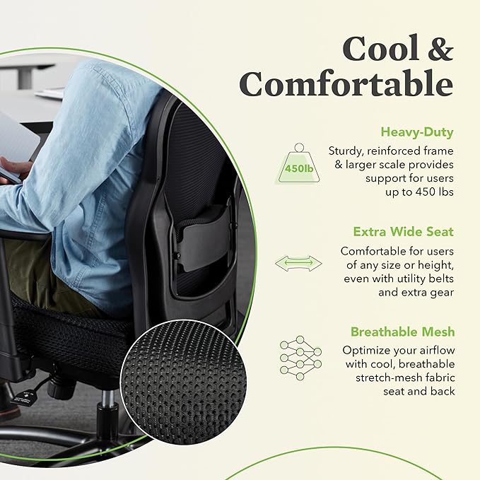 HON Wave Big and Tall Office Chair with Adjustable Arms, 450 lbs Capacity, Ergonomic, Breathable Mesh Desk Chair with Wheels, 360° Swivel, Heavy Duty Tilt Recline, Black