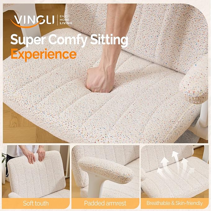 VINGLI Criss Cross Chair with Adjustable Flip-Up Arms,Cross Legged Chair with Wheels,Extra Wide Office Chair,Desk Chair for Home Office,Vanity,Bedroom, Apartment,Starry Chenille,White
