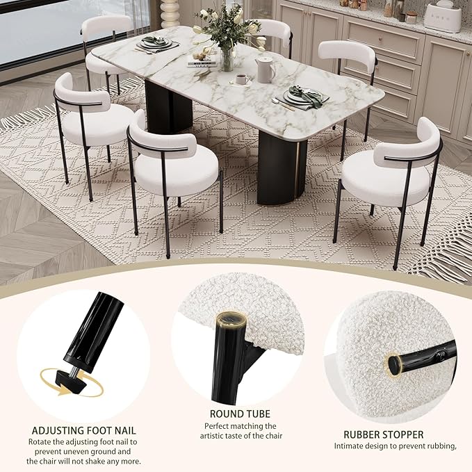 Boucle Dining Chairs Set of 6 Teddy Upholstered Dining Room Chairs Kitchen Chair with Metal Legs Mid Century Modern Chair for Dining Room, Kitchen (Black Frame+White, 6)