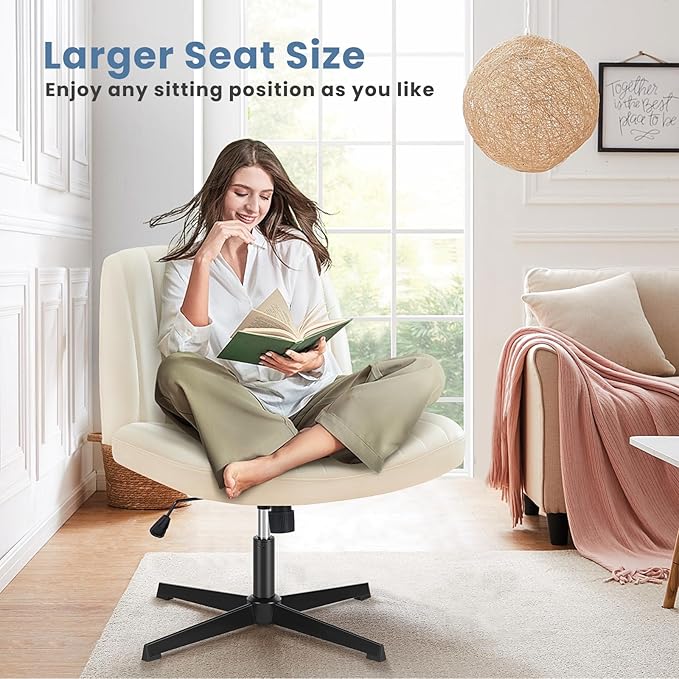 DUMOS Desk Chair No Wheels, Criss Cross Chair Wide Cross Legged Office Desk Vanity Chair, PU Leather Armless Adjustable Swivel Chairs for Home Computer Task Beige