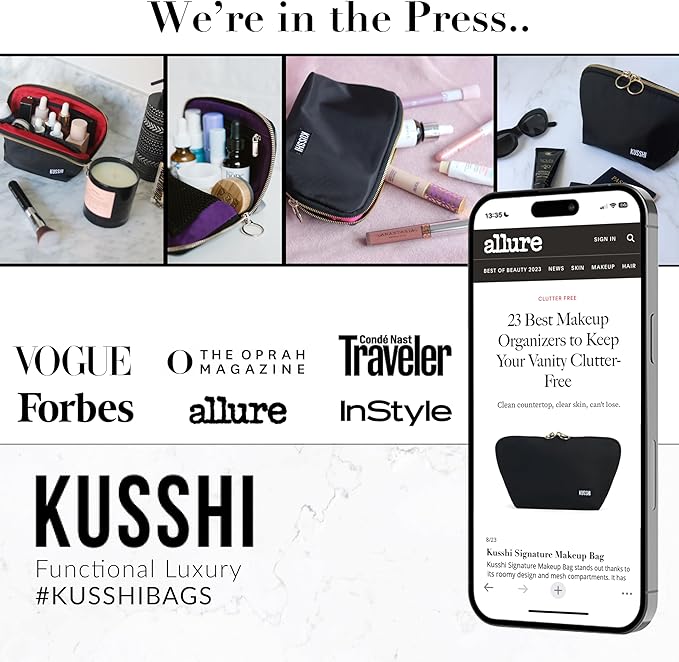 KUSSHI Washable Travel Makeup & Cosmetic Bag - Brush Organizer Sold Separately (Signature, Satin Black/Pink)