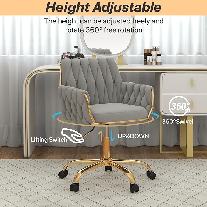 Velvet Home Office Chair, Modern Height Adjustable Cute Vanity Chair, 360° Swivel Makeup Chair Desk Chair with Golden Base and Hand Woven Backrest for for Bedroom/Study/Vanity(Light Gray)