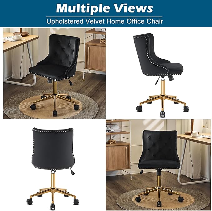 VINGLI Black Velvet Armless Home Office Desk Chair with Gold Base/Wheels, Small Cute Vanity/Makeup Chair with Back for Bedroom, Upholstered Adjustable Rolling Swivel Nail Chair for Women/Girls