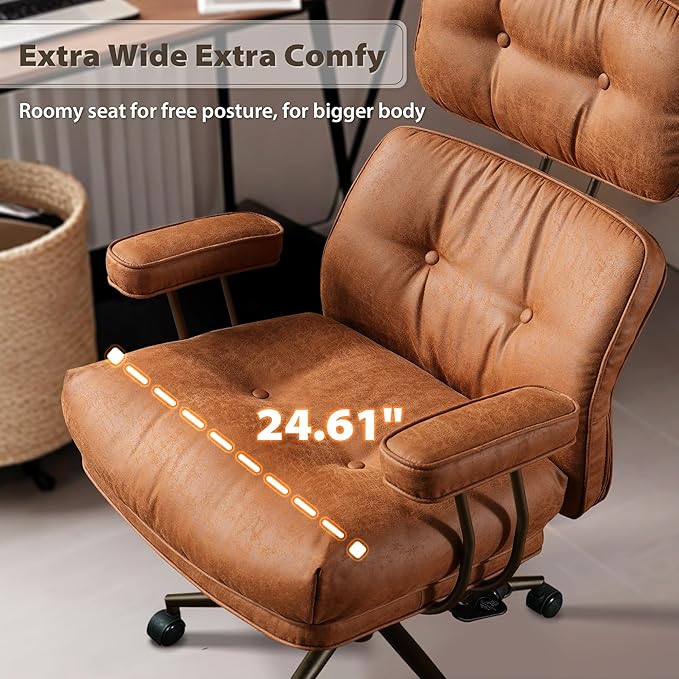 HOOOWOOO Mid-Century Modern Ergonomic Office Chair, Extra Wide Comfy Executive Chair with Lumbar Support, Suede Leather Light Brown