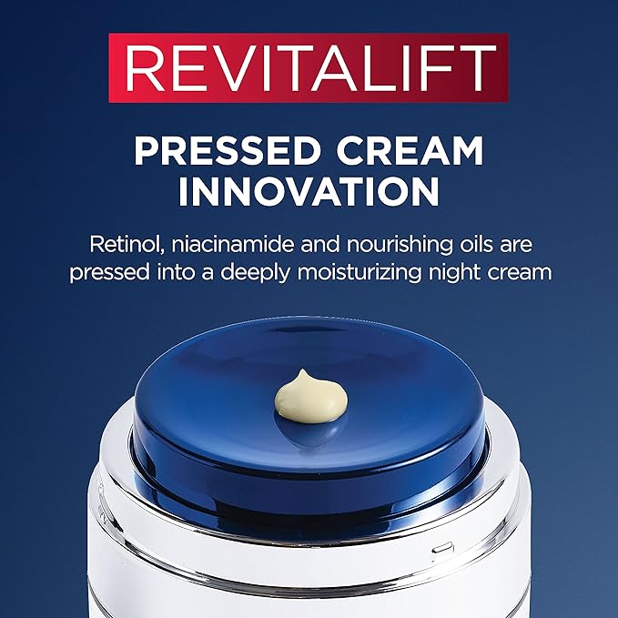L'Oreal Paris Revitalift Pressed Night Cream,Retinol + Niacinamide,Reduces Wrinkles,Fragrance Free,1.7 oz + Serum Sample,(Pack of 2)