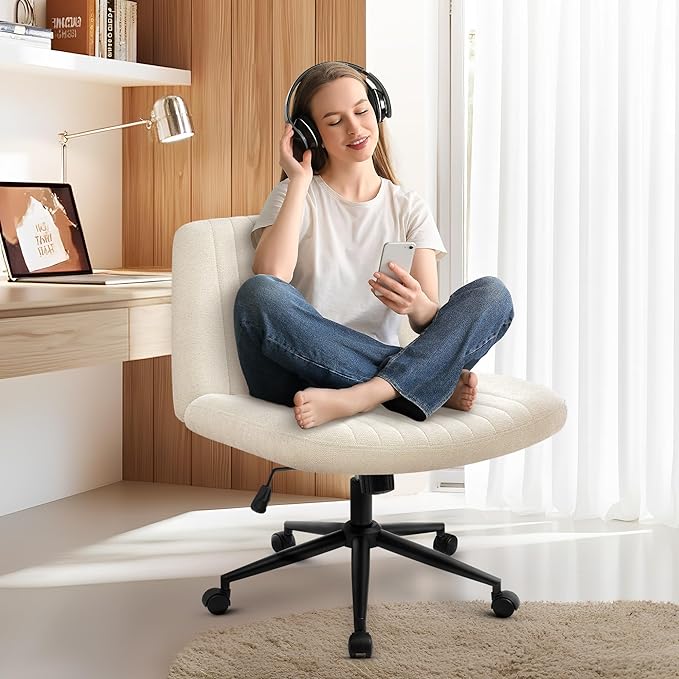 NEO Chair Criss Cross Chair with Wheels Armless Cross Legged Office Desk Wide Comfy Vanity Makeup Chair Adjustable Swivel Rolling Computer for Home Office Fabric (Beige)