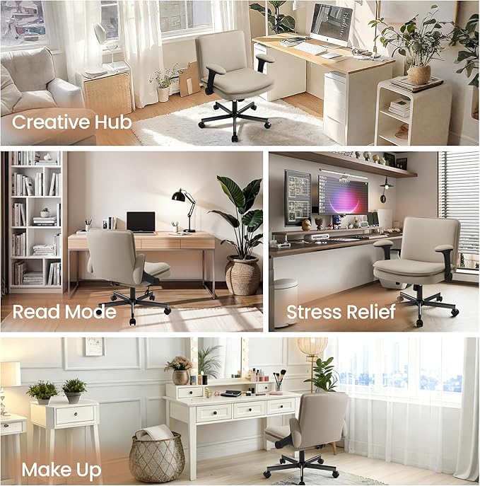 Criss Cross Office Chair with Wheels - PU Leather Wide Criss Cross Desk Chair with Flip-up Arms and Thick Cushion - Comfy Tilting Swivel Rolling Vanity Chair for Home Office Bedroom Apartment