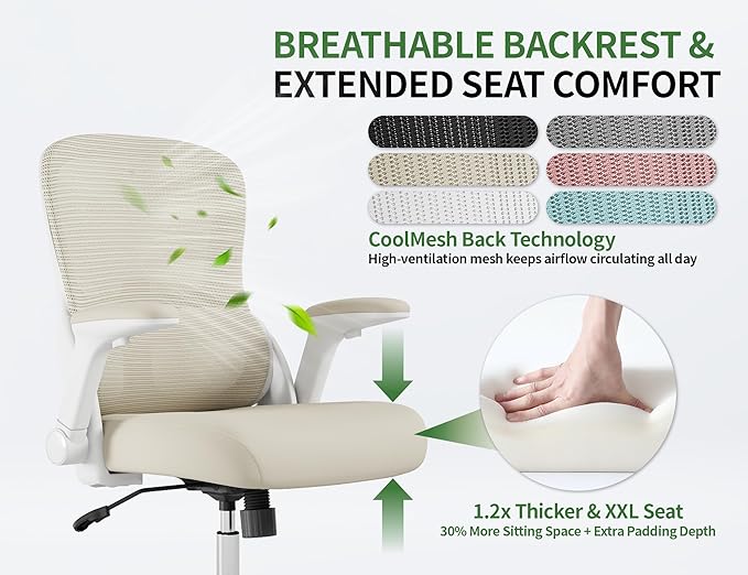 Ergonomic Office Chair - Home Office Desk Chairs Comfy, Computer Chair Ergonomic, Office Chairs with Lumbar Support, Executive Task Chair for Adults, Comfortable for Long Hours (White Beige)
