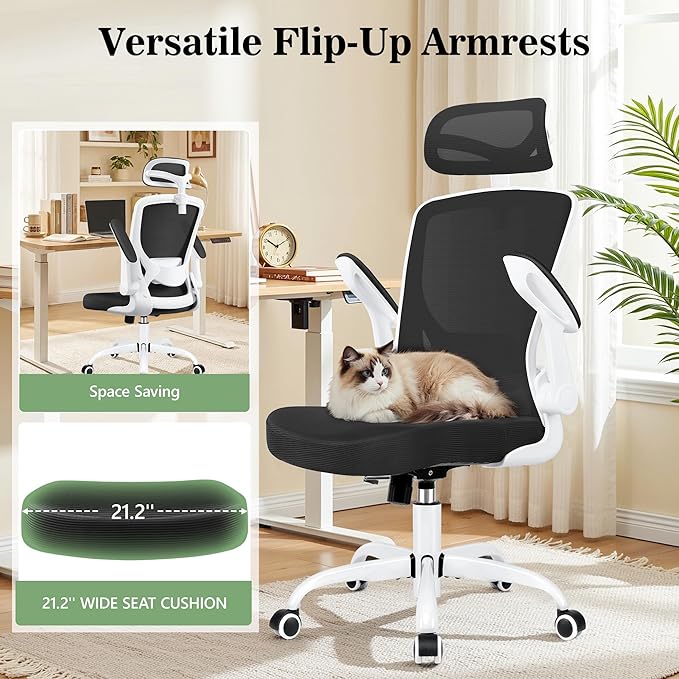 Office Chair Ergonomic Desk Chair, Breathable Mesh Office Chairs with Adjustable Lumbar Support, Flip-Up Arms, Computer Desk Chair Comfy for Home Office, White