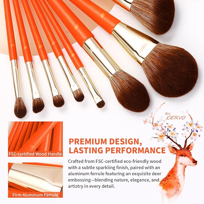 DUcare Travel Makeup Brushes with Pouch, 9Pcs Vegan Makeup Brush Set - Face & Eye Brush Kit for Powder Contour Blush Concealer Eyeshadow Blending & Detailing, Synthetic Bristles,Orange