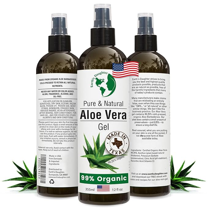 Earth's Daughter Organic Aloe Vera Gel from 100% Pure and Natural Cold Pressed Aloe – Moisturizes - Great for Face - Hair- Sunburn - Aftershave - Bug Bites - 12 oz.