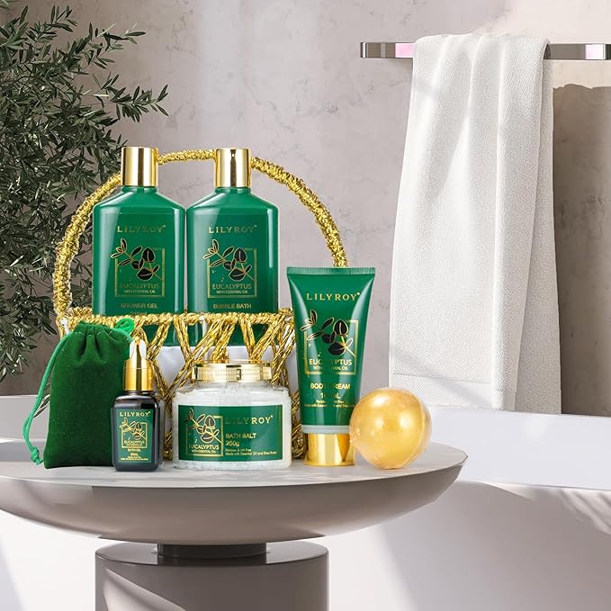 Spa Gift Basket for Mothers Day Gifts - 9 Pieces Premium Eucalyptus Bath & Body Care Kit for Women & Men, Holiday Gift for Valentines Day, Christmas, Fathers Day, Birthday with Shower Gel