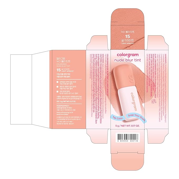 COLORGRAM NUDE BLUR TINT 15 LIGHT APRICOT | K-Beauty Makeup, Soft-Focus Matte Lip Stain, 2-in-1 Lip & Cheek