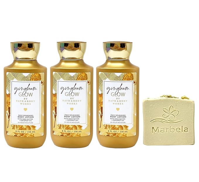 Bath & Body Works Gingham Glow 3 Pack Body Lotion Bundle with a Wild Jasmine Bar Soap - Full Size