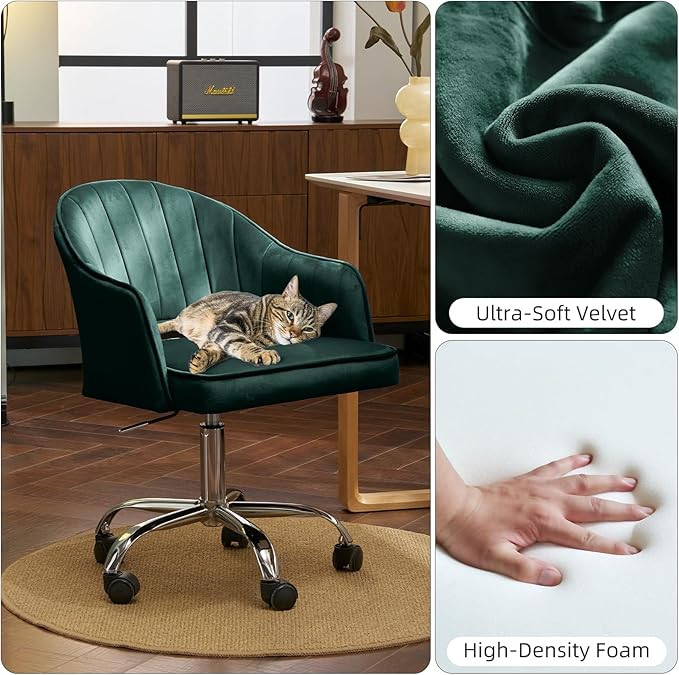MOJAY Modern Mid-Back Tufted Velvet Office Chair, Swivel Height-Adjustable Home Desk Chair,Cute Velvet Soft Seat Vanity Chair with Rivet and Arm Support (Green2)